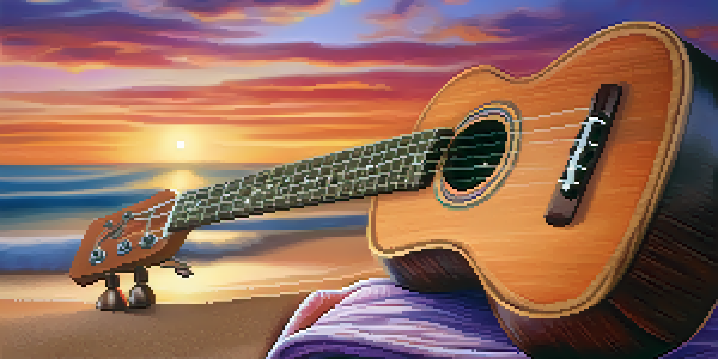 A wooden ukulele on a beach towel with a colorful sunset and waves in the background.