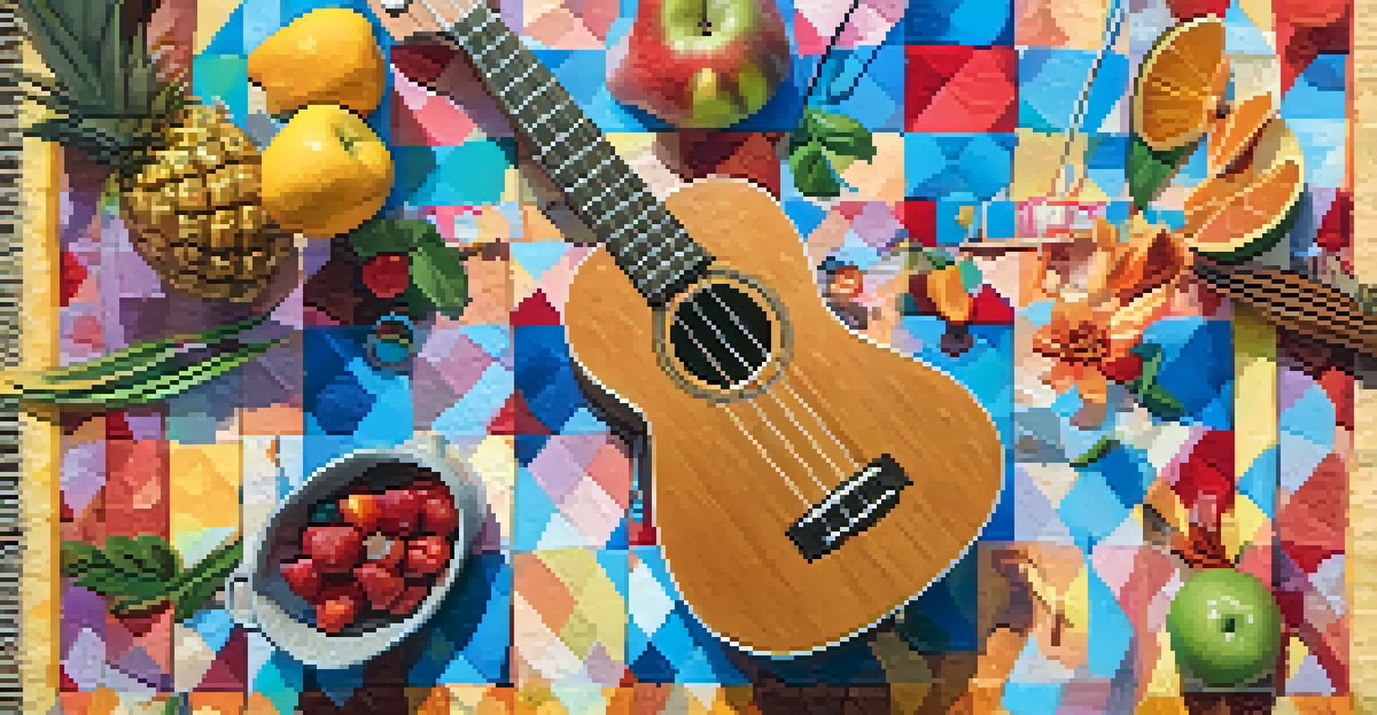 An overhead view of a hand playing a ukulele with a vibrant picnic setup in the background.