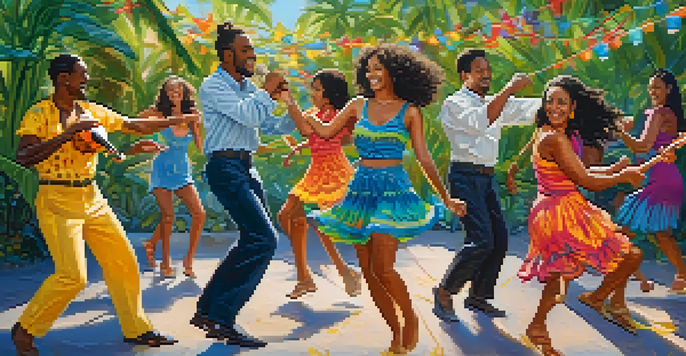 A colorful outdoor salsa dance party with diverse dancers and a ukulele player, surrounded by tropical plants and string lights.