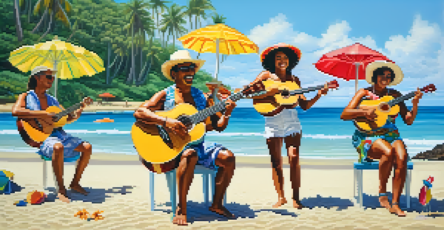 A group of diverse musicians playing ukuleles on a sunny Hawaiian beach.