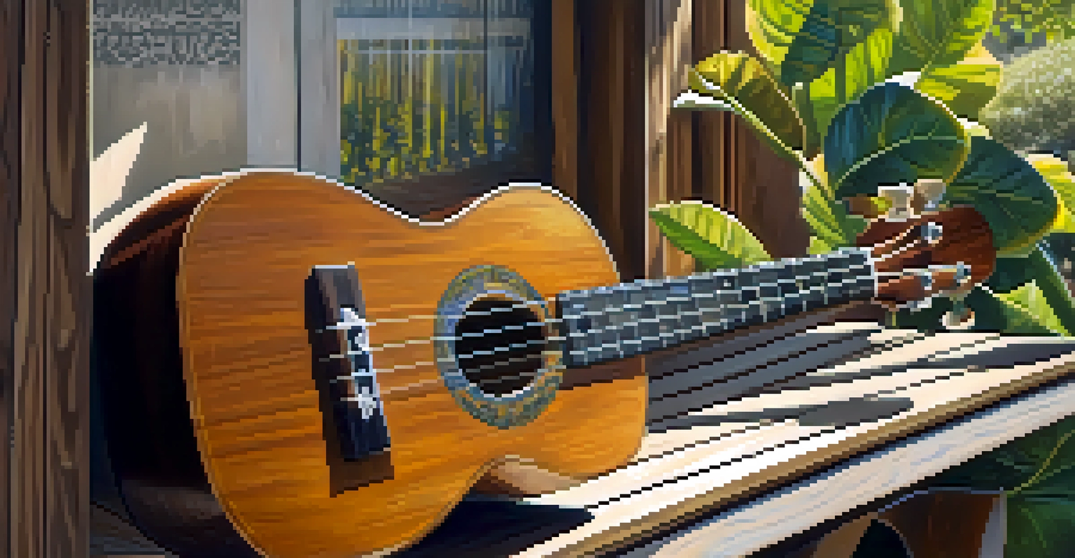 A close-up of a person's hands playing a ukulele on a porch, with sunlight shining through the leaves.