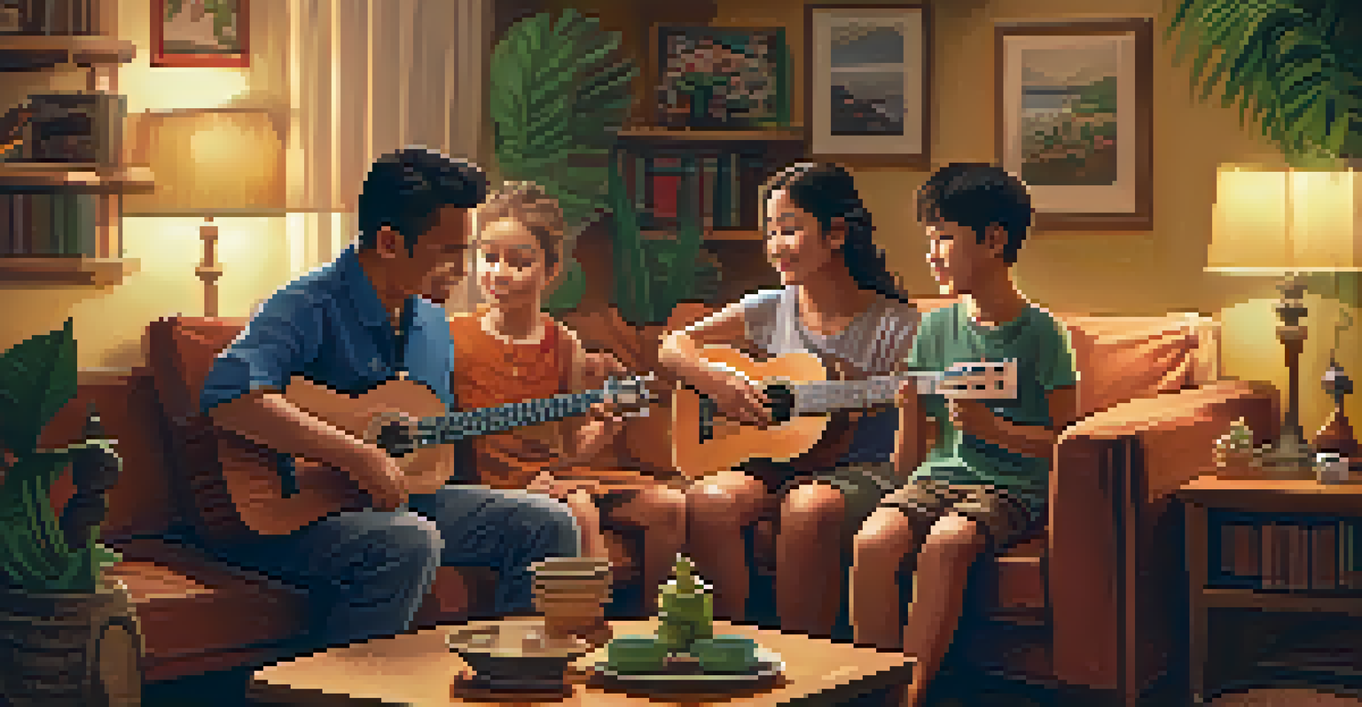 A family gathering in a living room with children learning to play the ukulele.