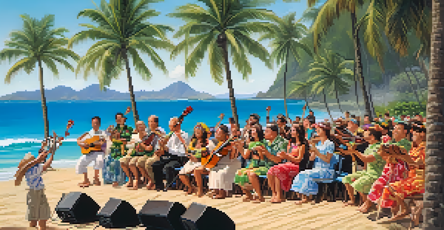 A Hawaiian ukulele festival with performers on stage in traditional attire, a beach and ocean in the background, and an engaged audience.