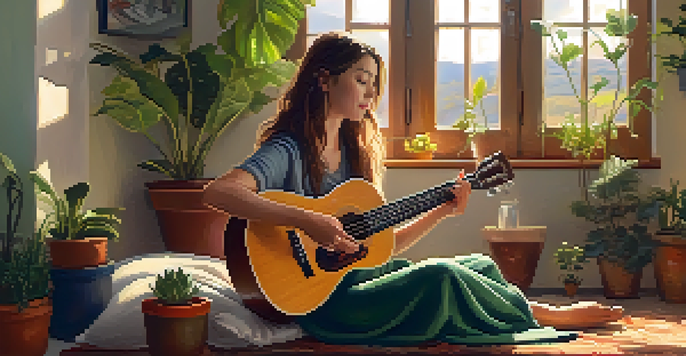 A young woman playing a ukulele on a rug surrounded by plants in a sunlit room, looking content and focused.