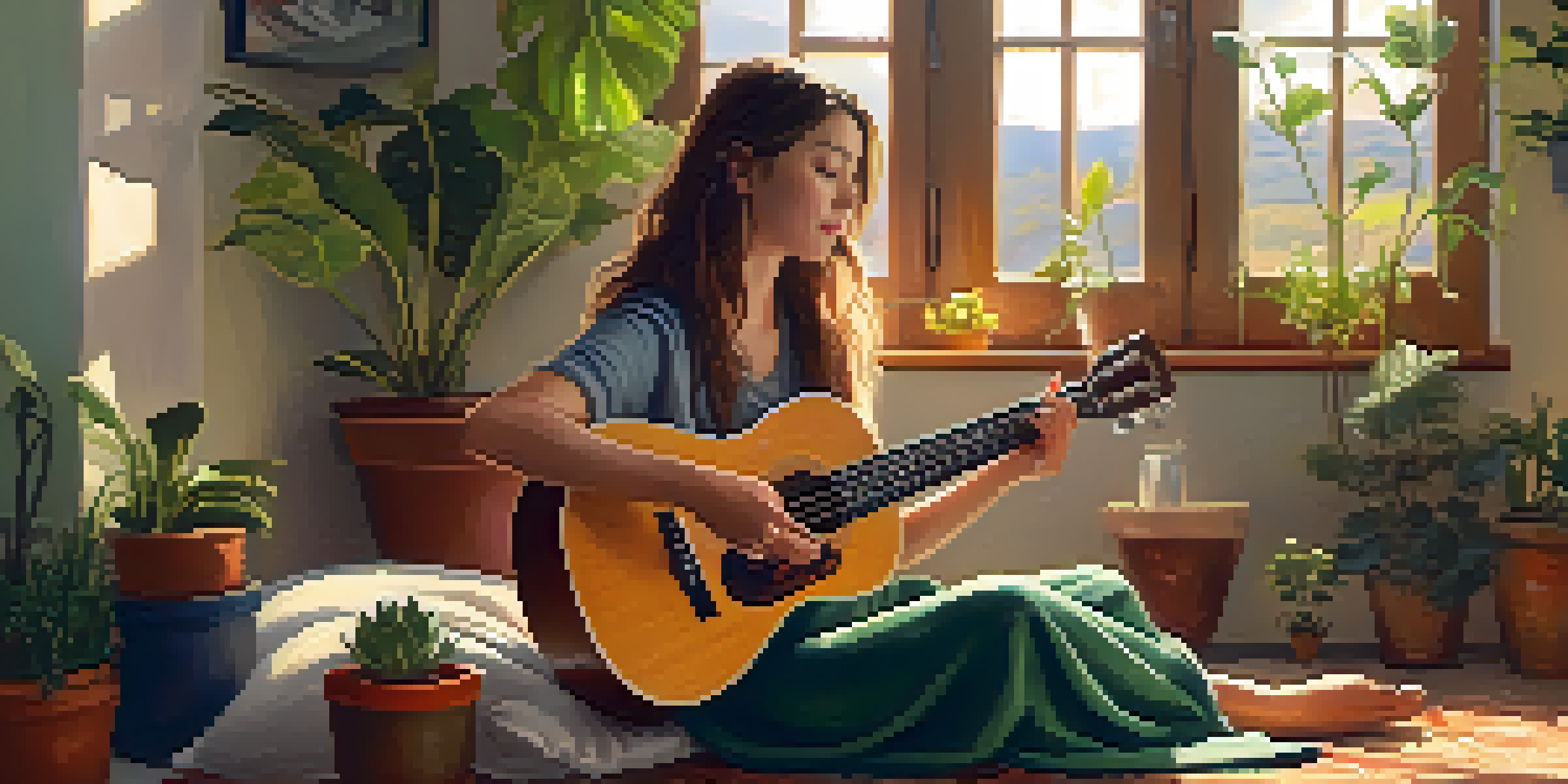A young woman playing a ukulele on a rug surrounded by plants in a sunlit room, looking content and focused.