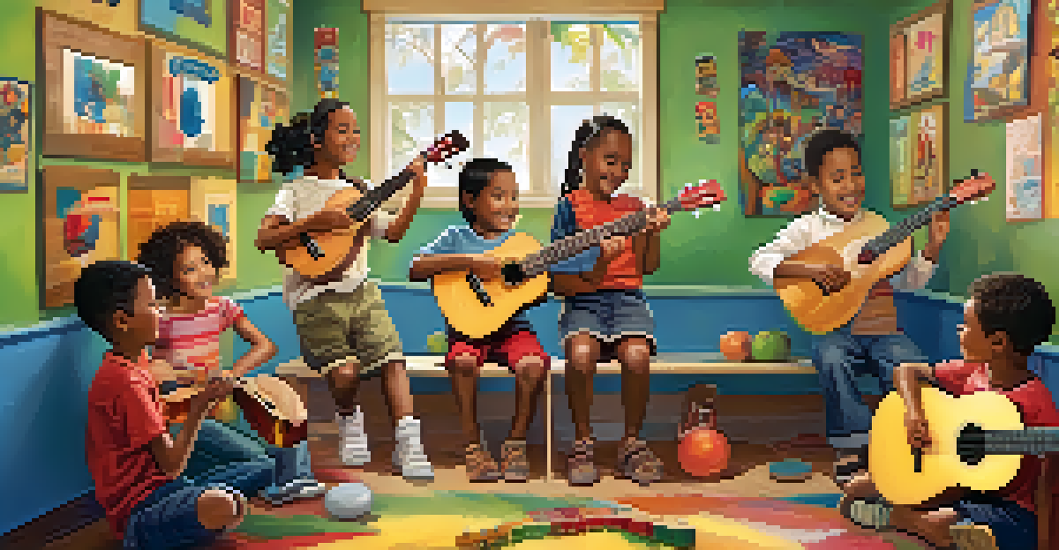 Children learning to play the ukulele in a bright classroom, with a teacher demonstrating a chord.
