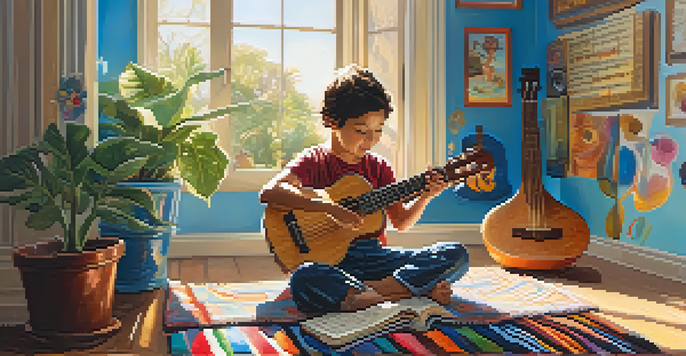 A cheerful child playing a blue ukulele on a colorful rug with sunlight streaming in, surrounded by music sheets and playful decor.