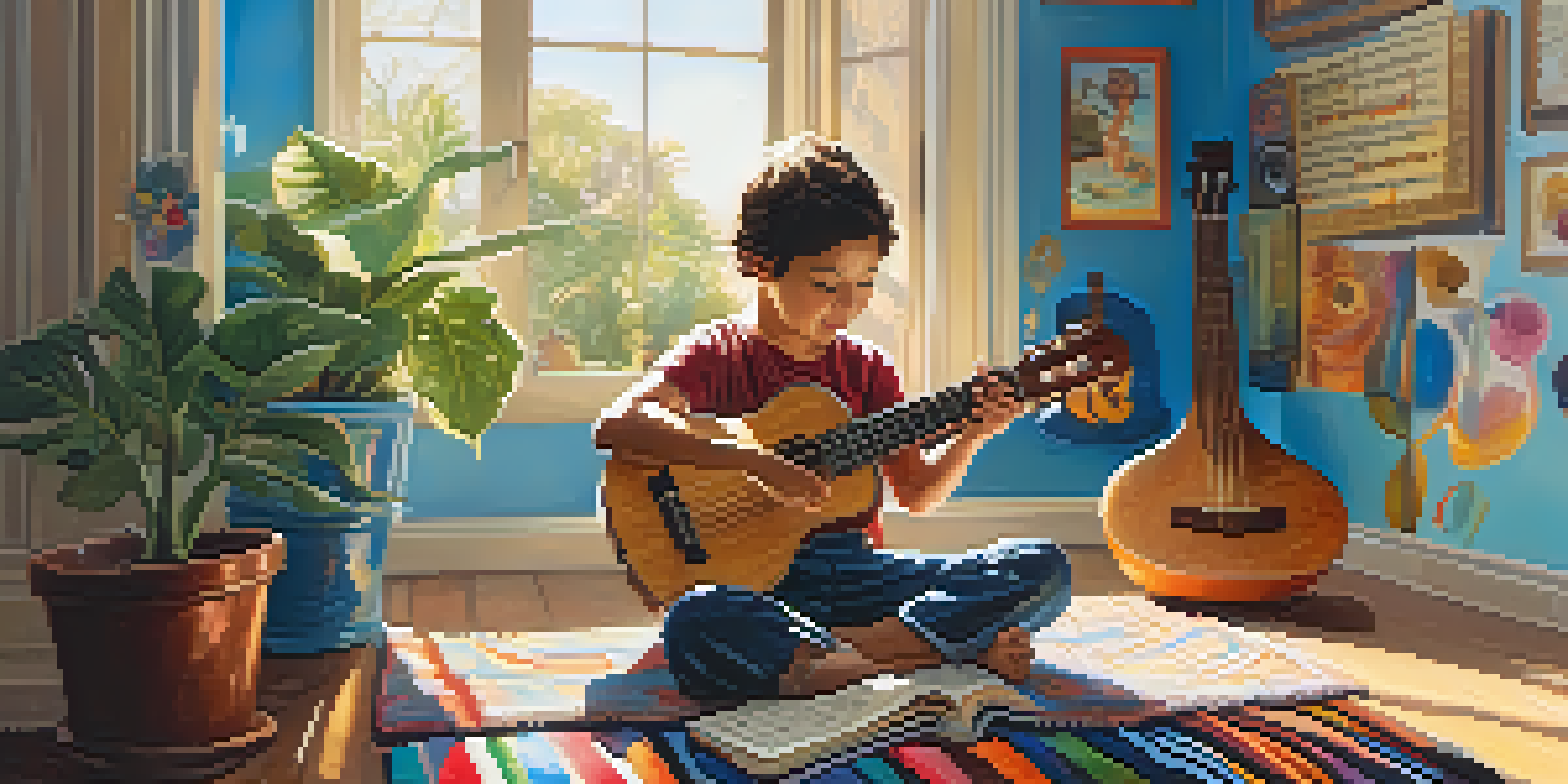 A cheerful child playing a blue ukulele on a colorful rug with sunlight streaming in, surrounded by music sheets and playful decor.