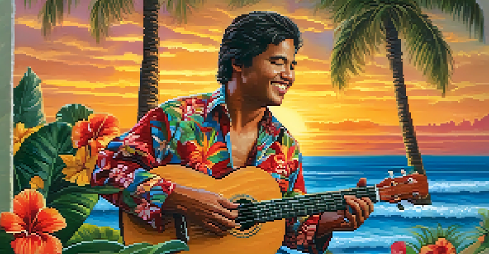 A Hawaiian musician playing the ukulele under a palm tree with a sunset sky and colorful flowers around.