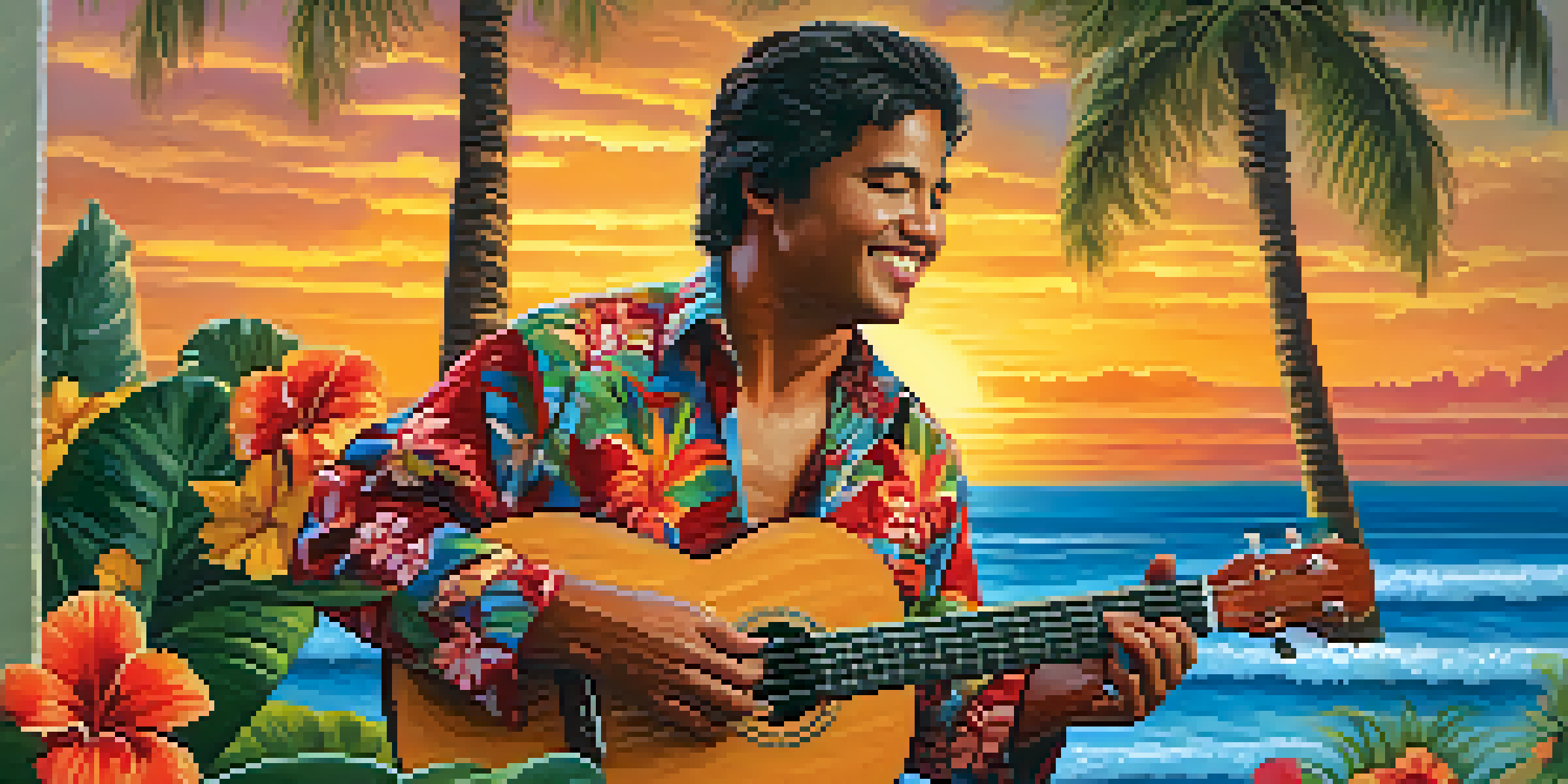 A Hawaiian musician playing the ukulele under a palm tree with a sunset sky and colorful flowers around.