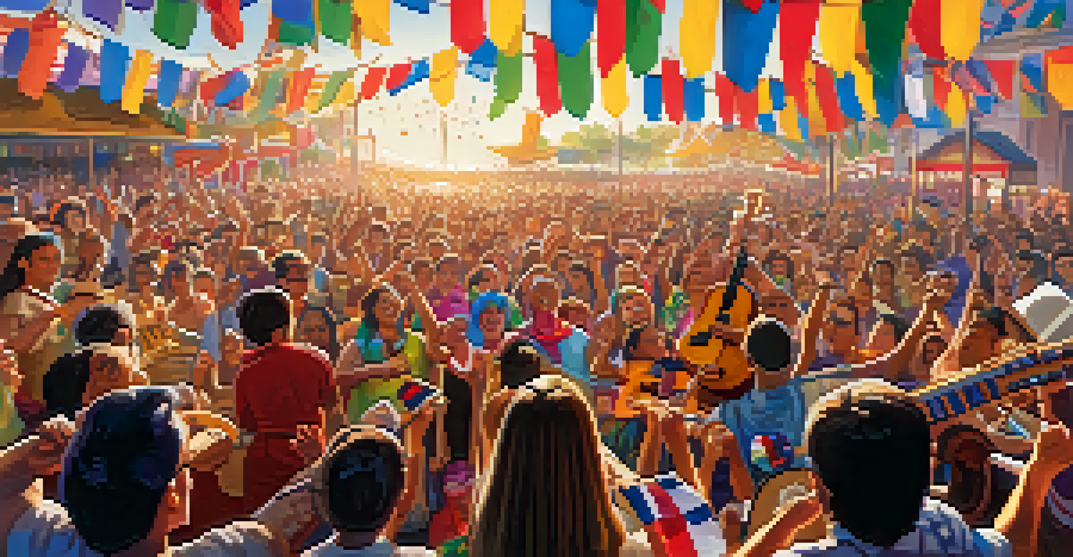 A lively ukulele festival with diverse musicians performing on stage, surrounded by a cheering crowd and colorful decorations.