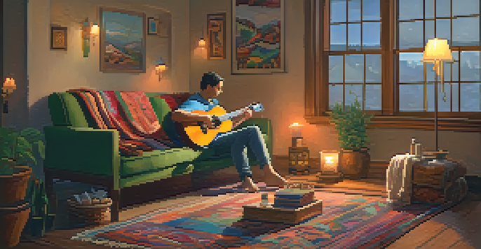 A person sitting on the floor with a ukulele, surrounded by soft lighting and cozy decorations, evoking a sense of tranquility.