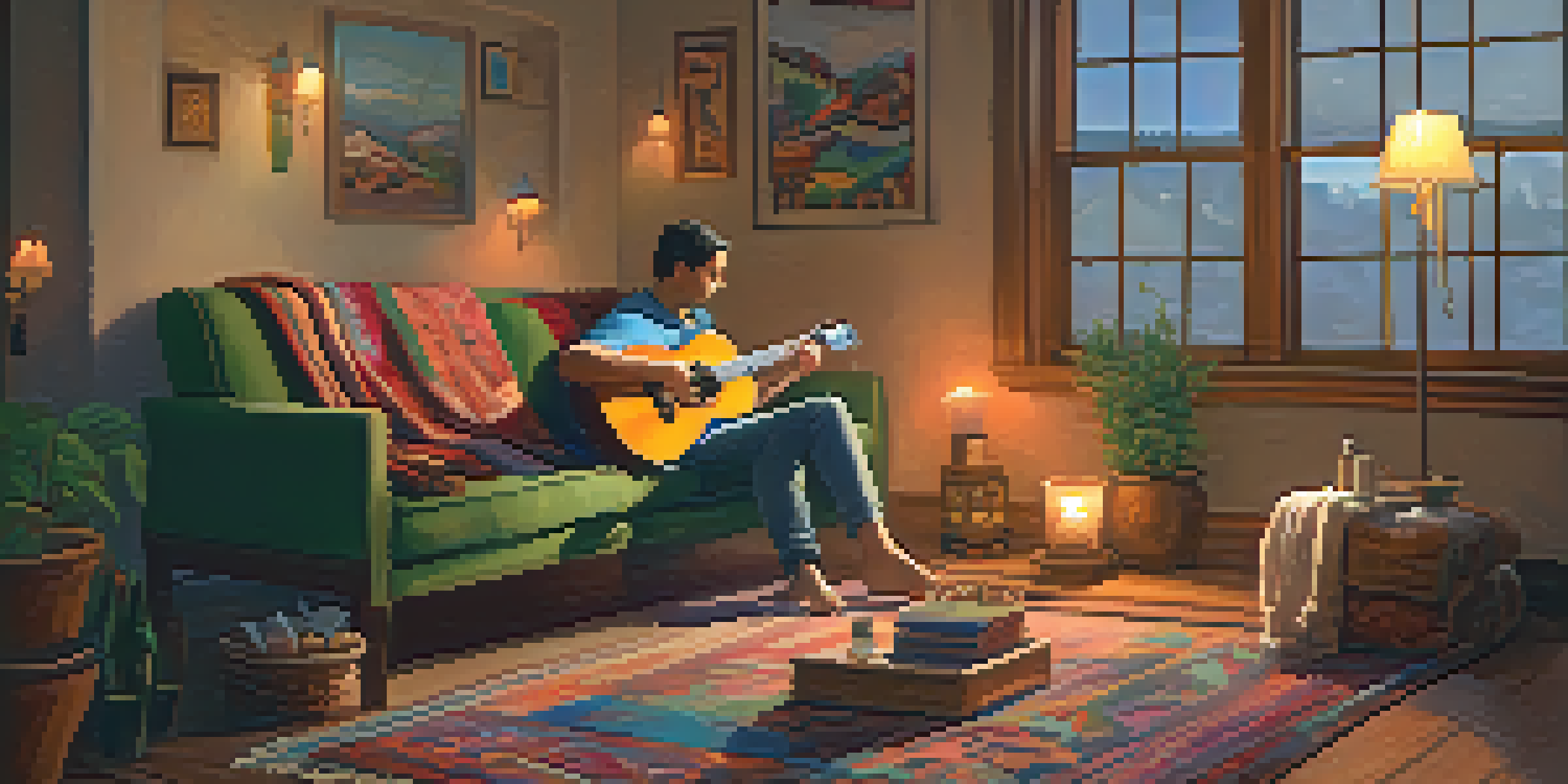 A person sitting on the floor with a ukulele, surrounded by soft lighting and cozy decorations, evoking a sense of tranquility.