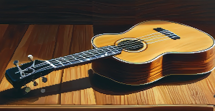 A beautifully crafted ukulele on a wooden table, highlighting its details in natural light.