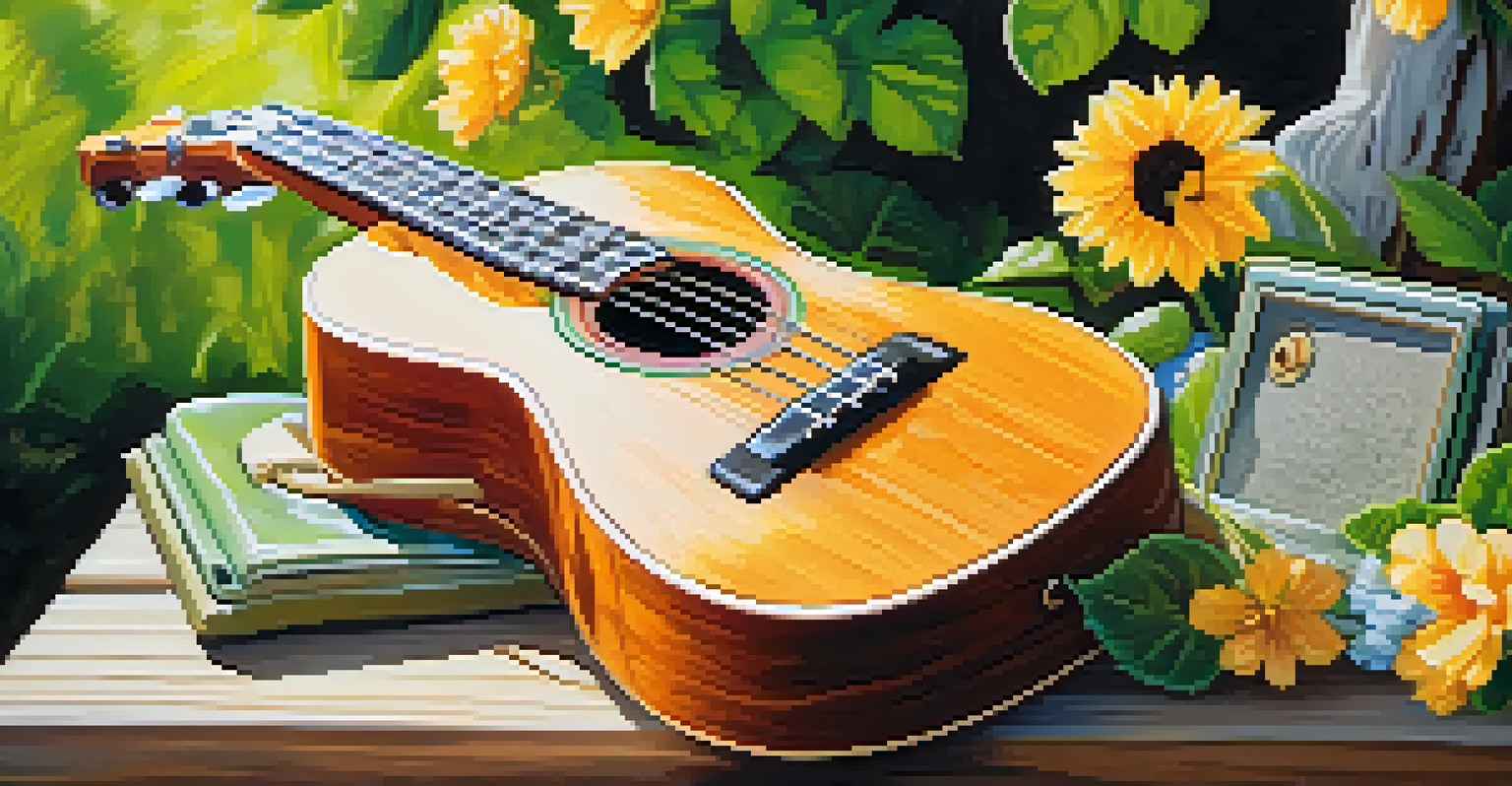 A close-up of a ukulele on a wooden picnic table, surrounded by music sheets and a vintage radio, with sunlight highlighting its wooden details.