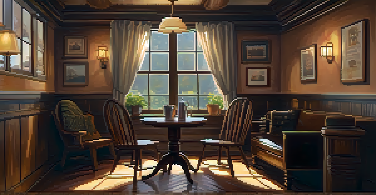 A ukulele and a cup of coffee on a table in a cozy café with warm lighting.