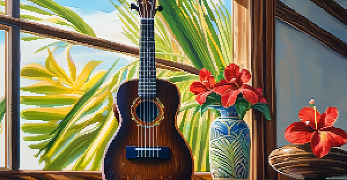 A close-up of a vibrant ukulele on a wooden table, with sunlight creating soft shadows and tropical flowers in the background.