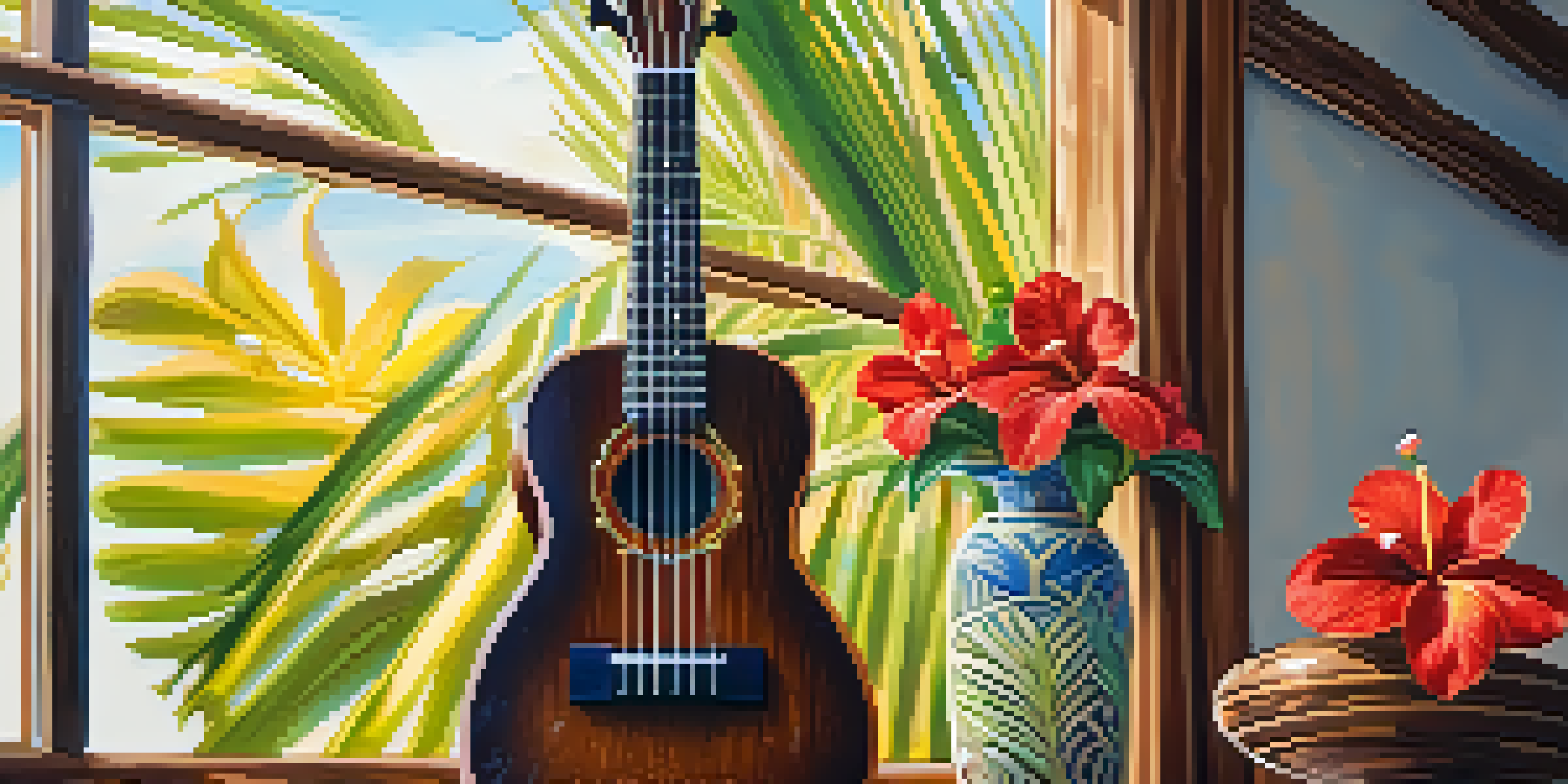 A close-up of a vibrant ukulele on a wooden table, with sunlight creating soft shadows and tropical flowers in the background.