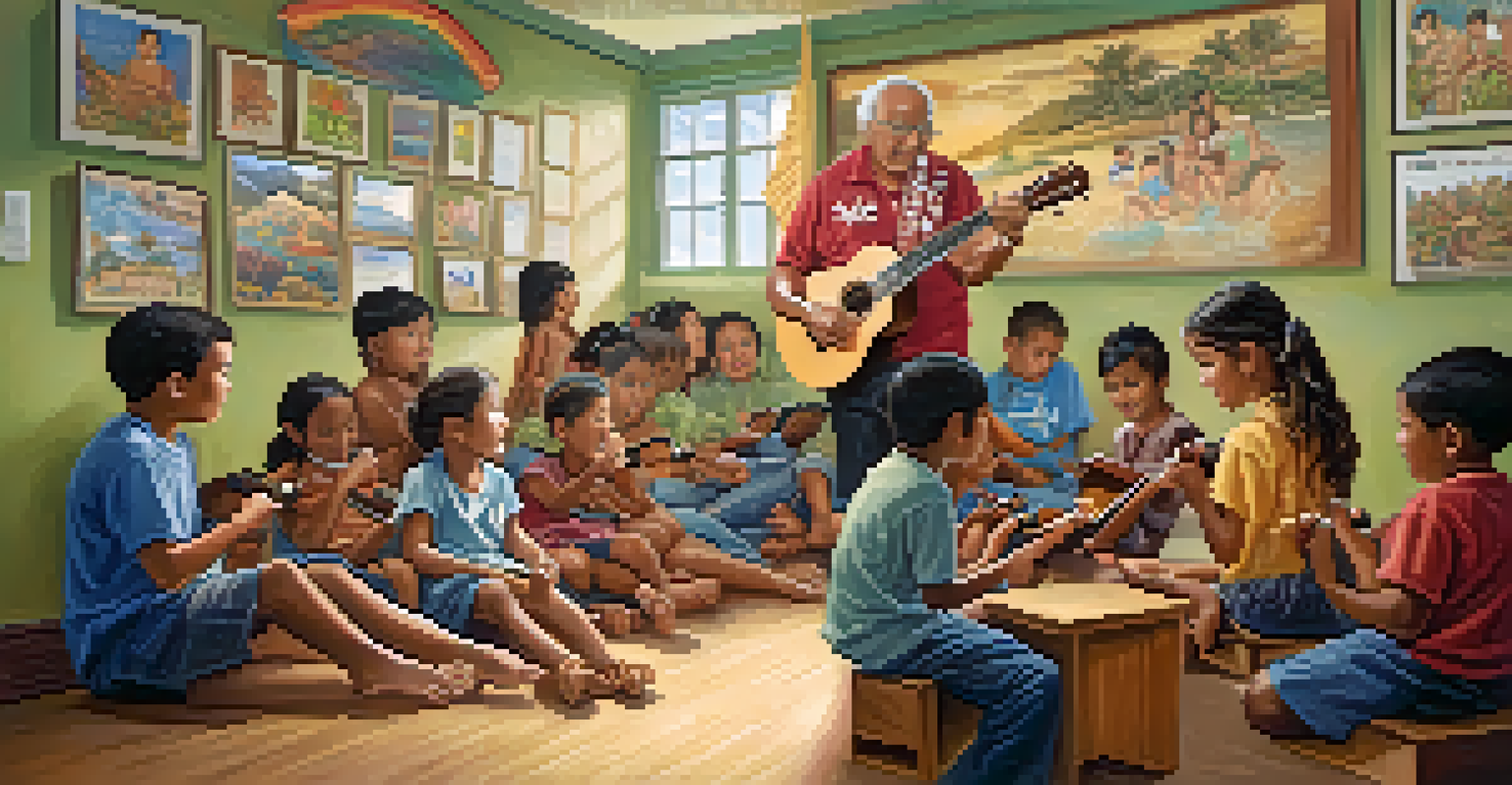 Children in a classroom learning to play the ukulele, with a teacher demonstrating chords against a backdrop of Hawaiian artwork.