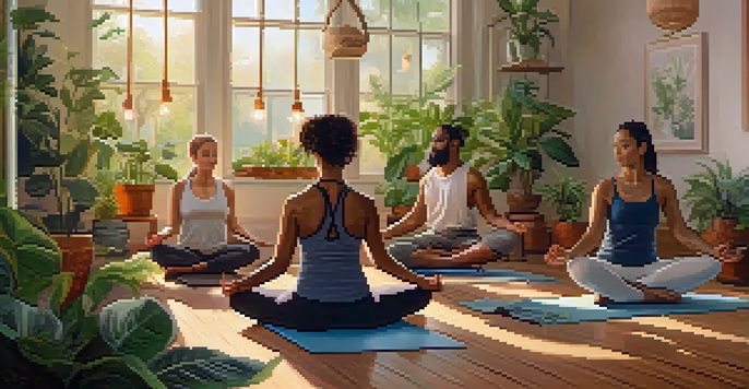 A yoga studio with practitioners of different ethnicities in yoga poses, soft lighting, and a ukulele on a mat surrounded by plants and candles.
