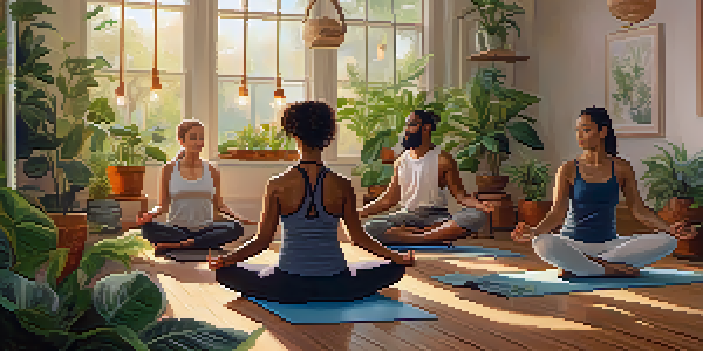 A yoga studio with practitioners of different ethnicities in yoga poses, soft lighting, and a ukulele on a mat surrounded by plants and candles.
