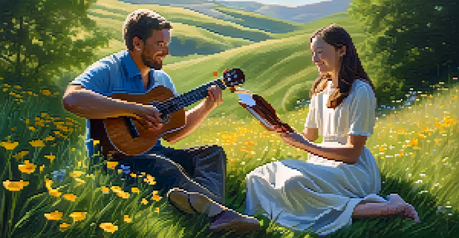 A music therapist and a client playing the ukulele together on a grassy hill surrounded by wildflowers and a clear blue sky, symbolizing healing through music.