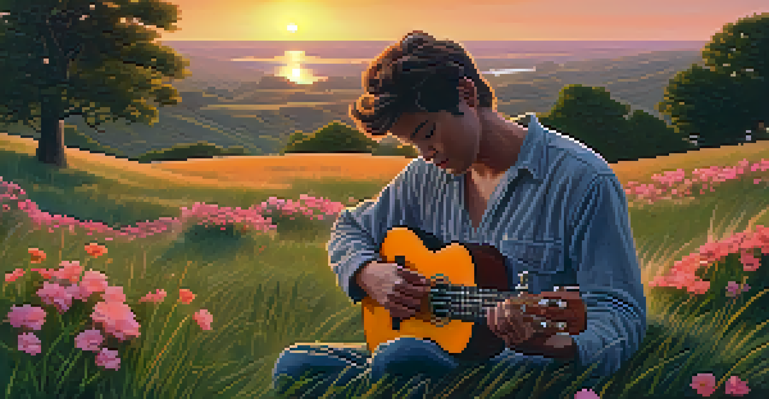 A musician playing the ukulele on a grassy hill during sunset, with trees and flowers surrounding them.