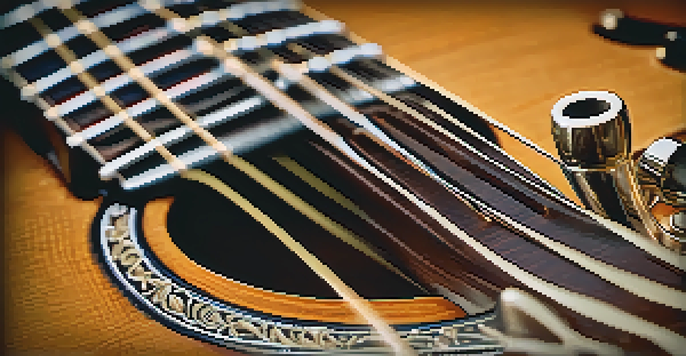 A close-up view of a guitar capo attached to an acoustic guitar, focusing on the details of the capo and the wood texture of the guitar.