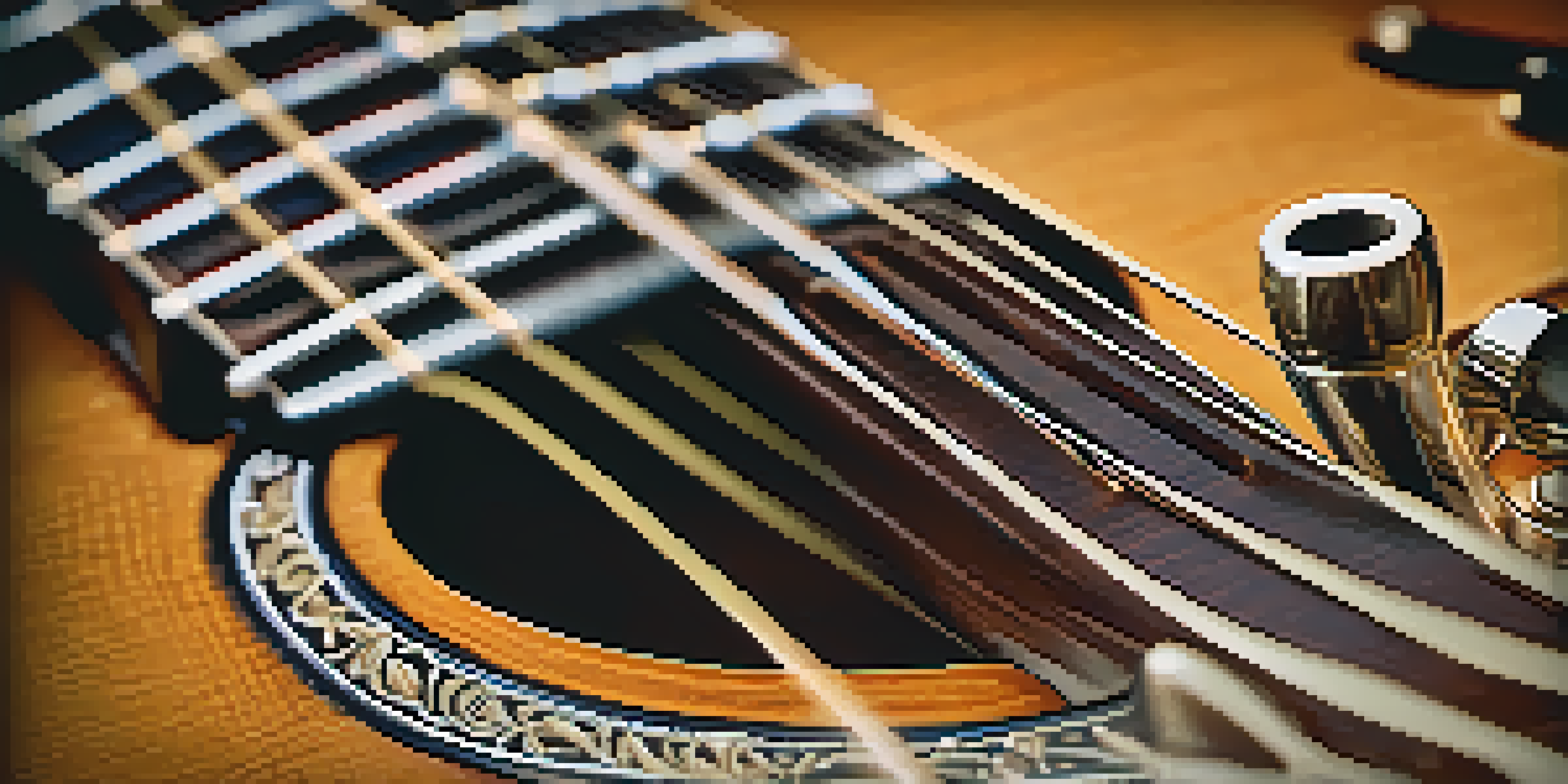 A close-up view of a guitar capo attached to an acoustic guitar, focusing on the details of the capo and the wood texture of the guitar.