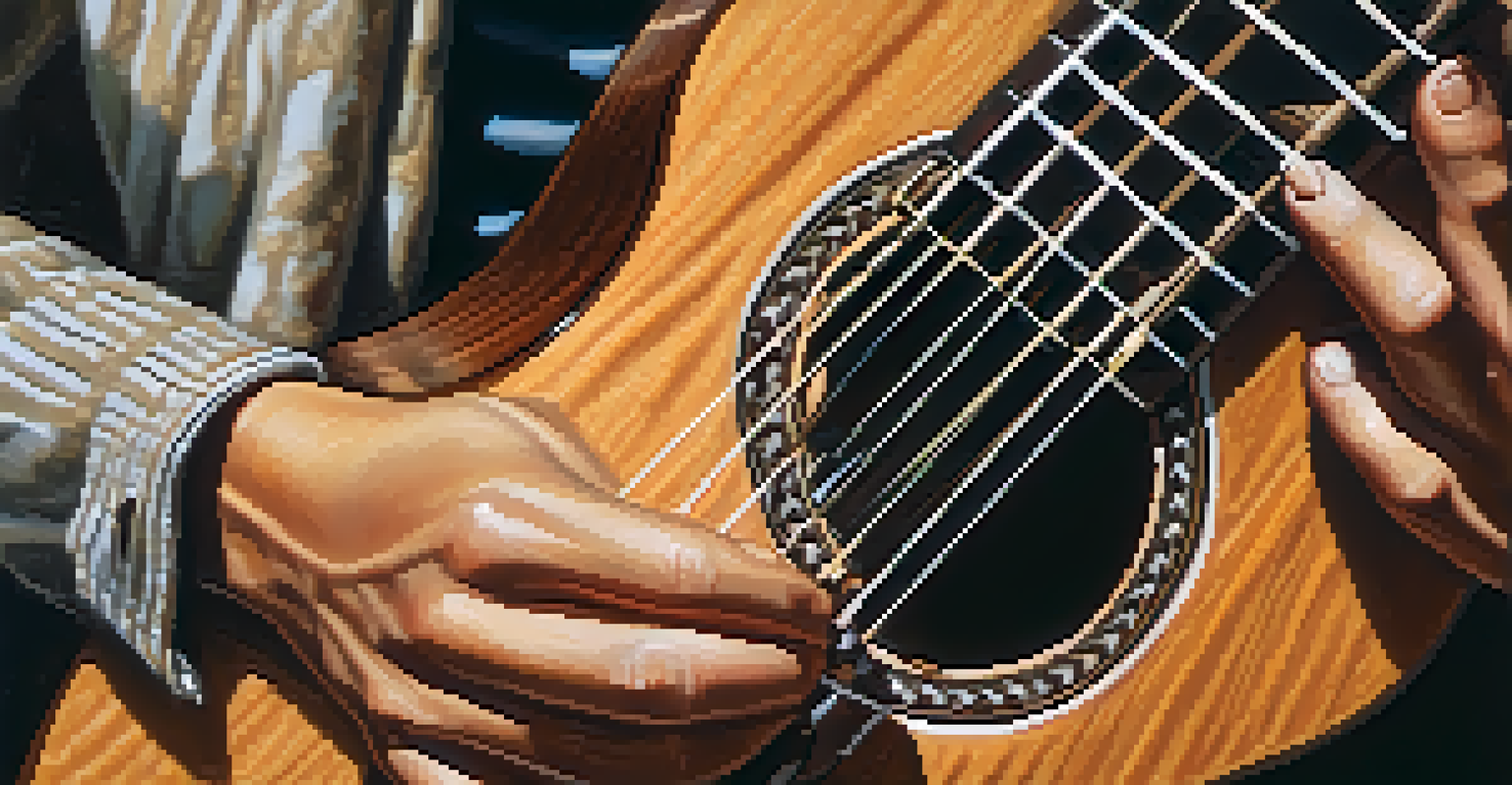 A close-up view of hands playing a ukulele, focusing on the strings and fretboard, with warm lighting enhancing the wood texture.