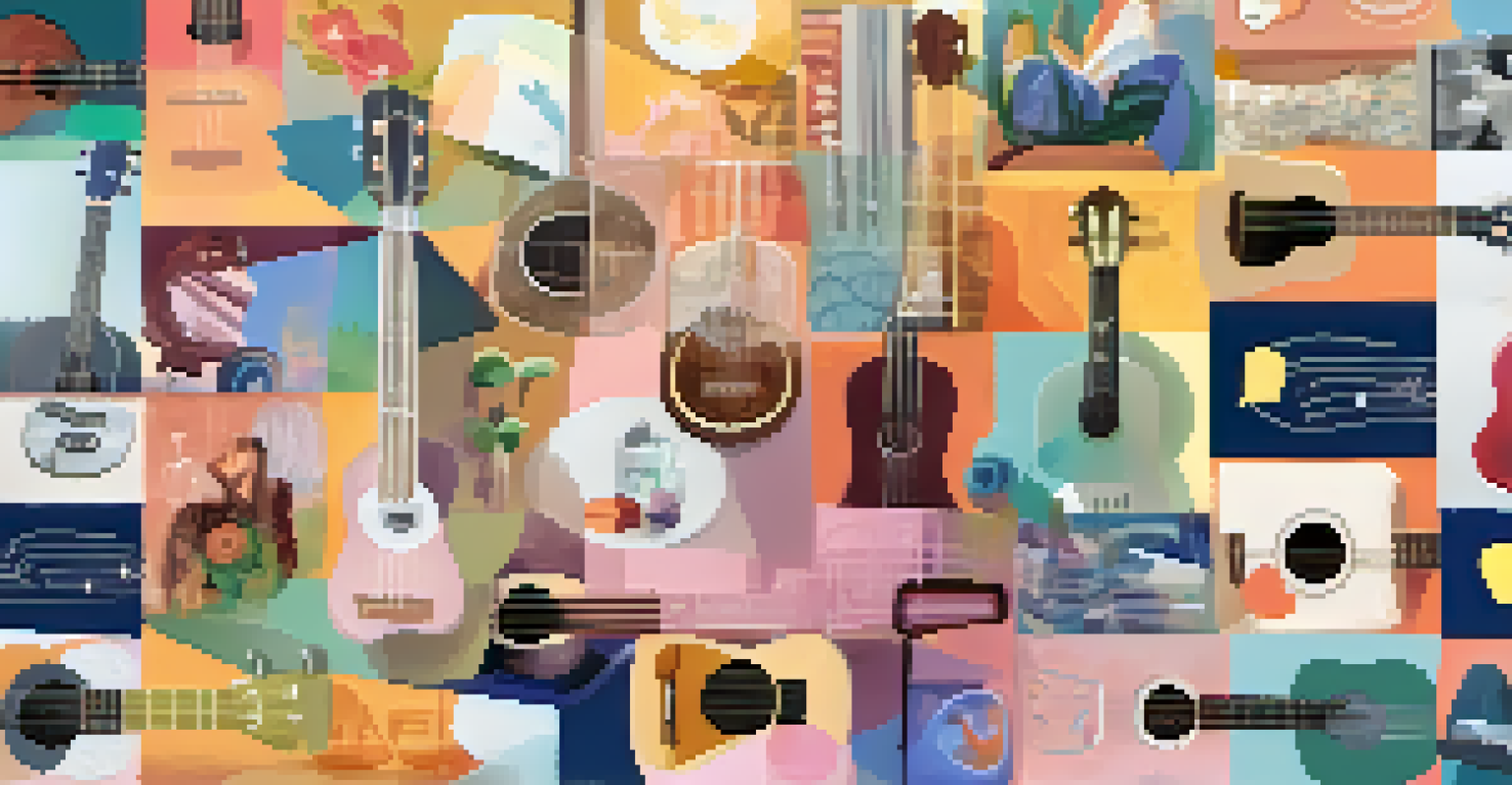 A colorful montage of social media posts from a ukulele group, showcasing members sharing progress and songs.