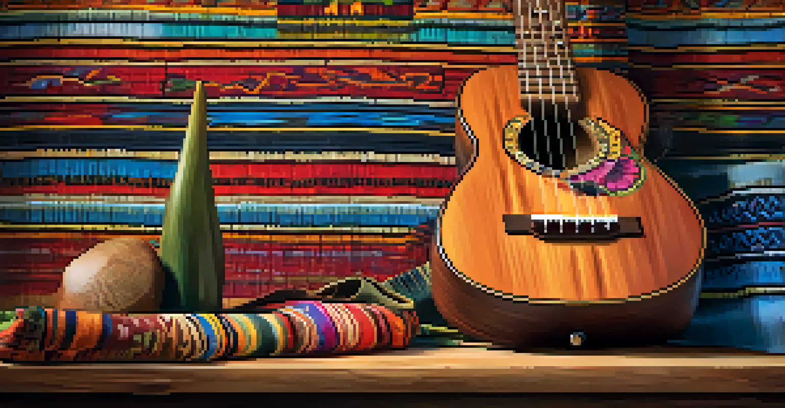 A detailed close-up of a handmade ukulele on a rustic wooden table, surrounded by traditional Latin American textiles, illuminated by soft natural light.