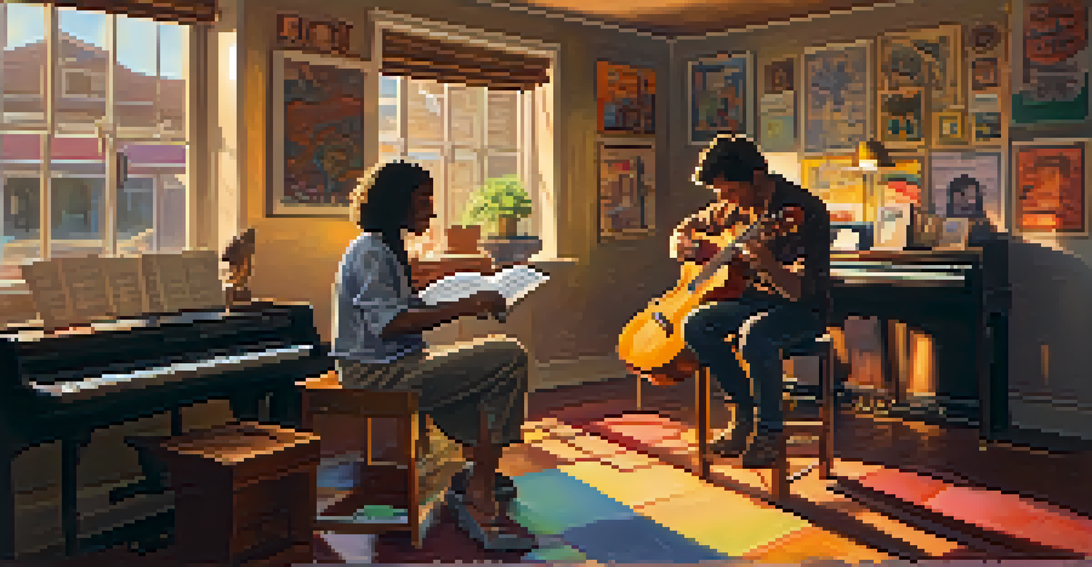 Two artists collaborating in a cozy indoor space, one playing the ukulele and the other on a keyboard.