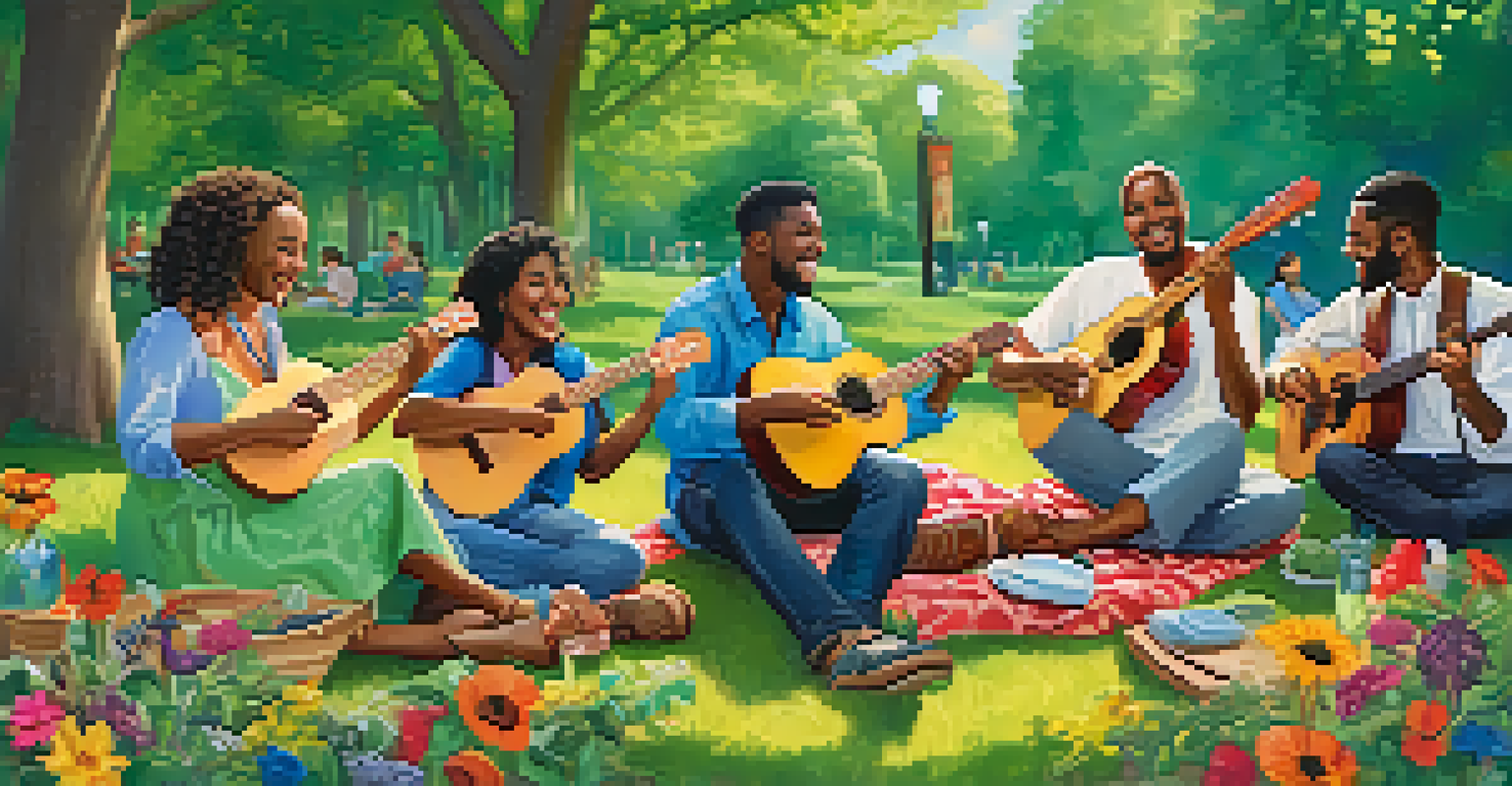 A group of diverse musicians enjoying a ukulele jam session in a sunny park.