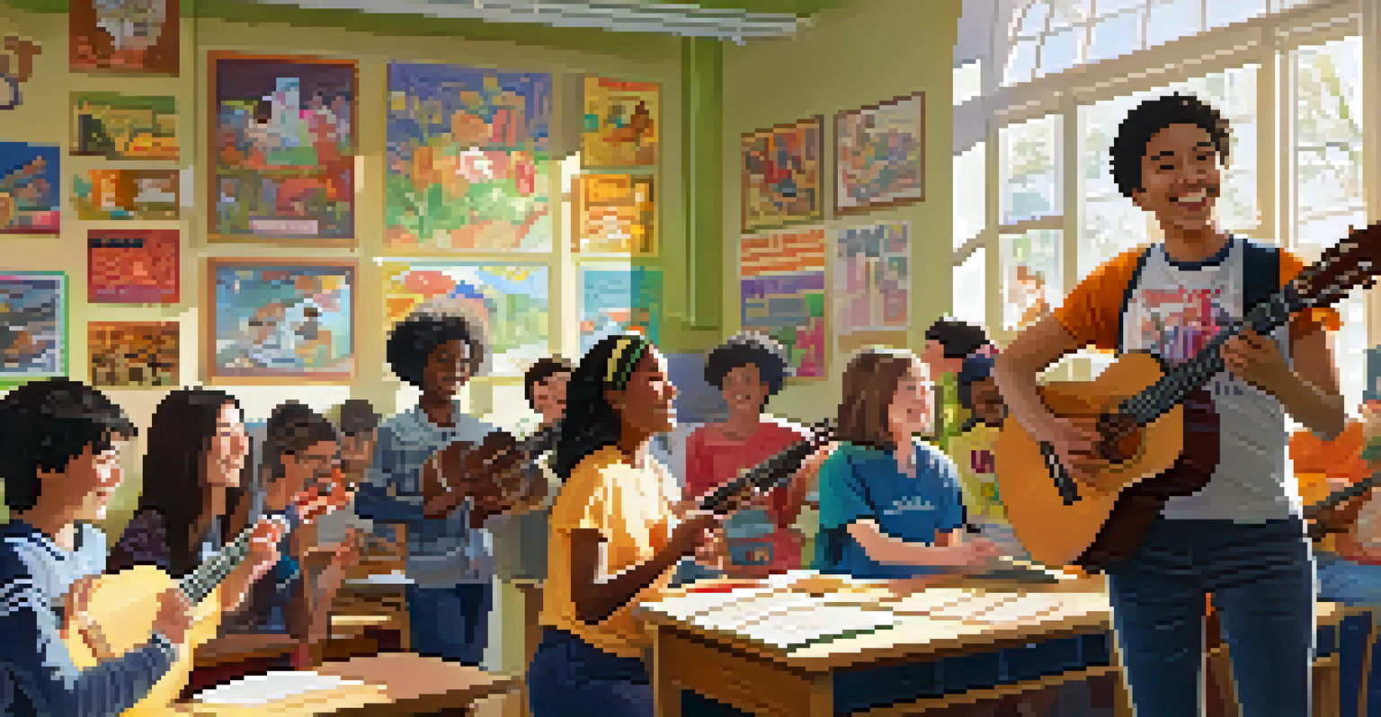 High school students joyfully playing ukuleles together in a colorful classroom, with sunlight streaming through windows.