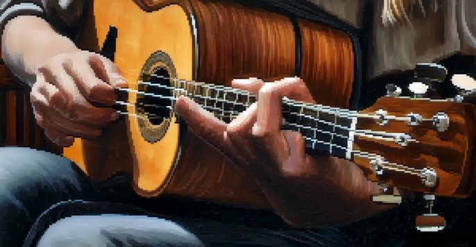 Close-up of hands playing a ukulele, showcasing the instrument's wooden texture and strings in a cozy home environment.
