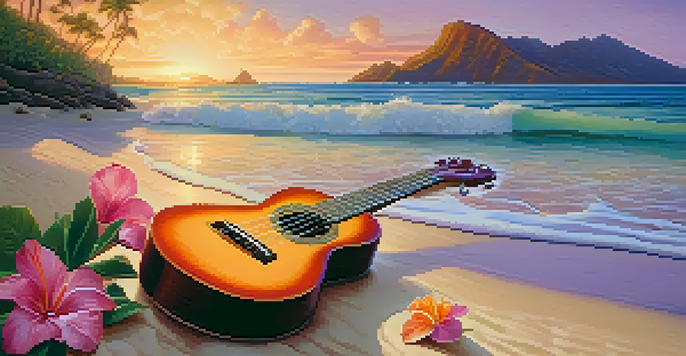 A ukulele resting on the sand at a Hawaiian beach during sunset, surrounded by tropical flowers and colorful sky.
