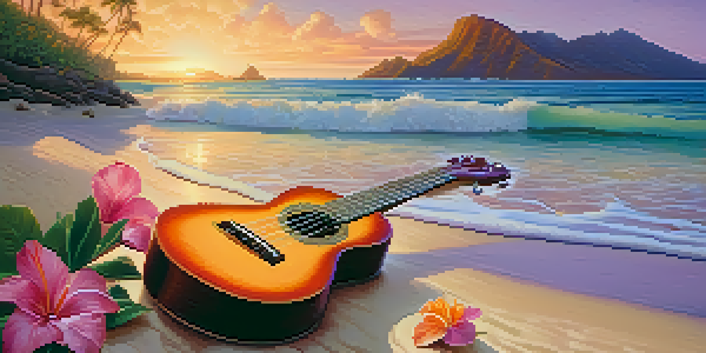A ukulele resting on the sand at a Hawaiian beach during sunset, surrounded by tropical flowers and colorful sky.
