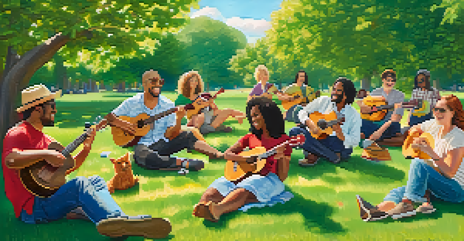 A group of musicians playing ukuleles in a park, enjoying a sunny day with a picnic setting.