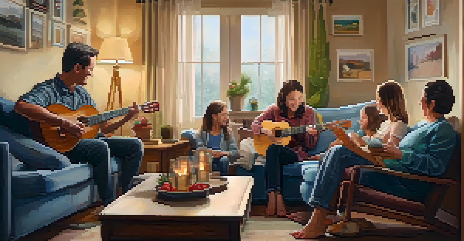 A family gathering in a cozy living room, where members of different ages are joyfully playing ukuleles together.