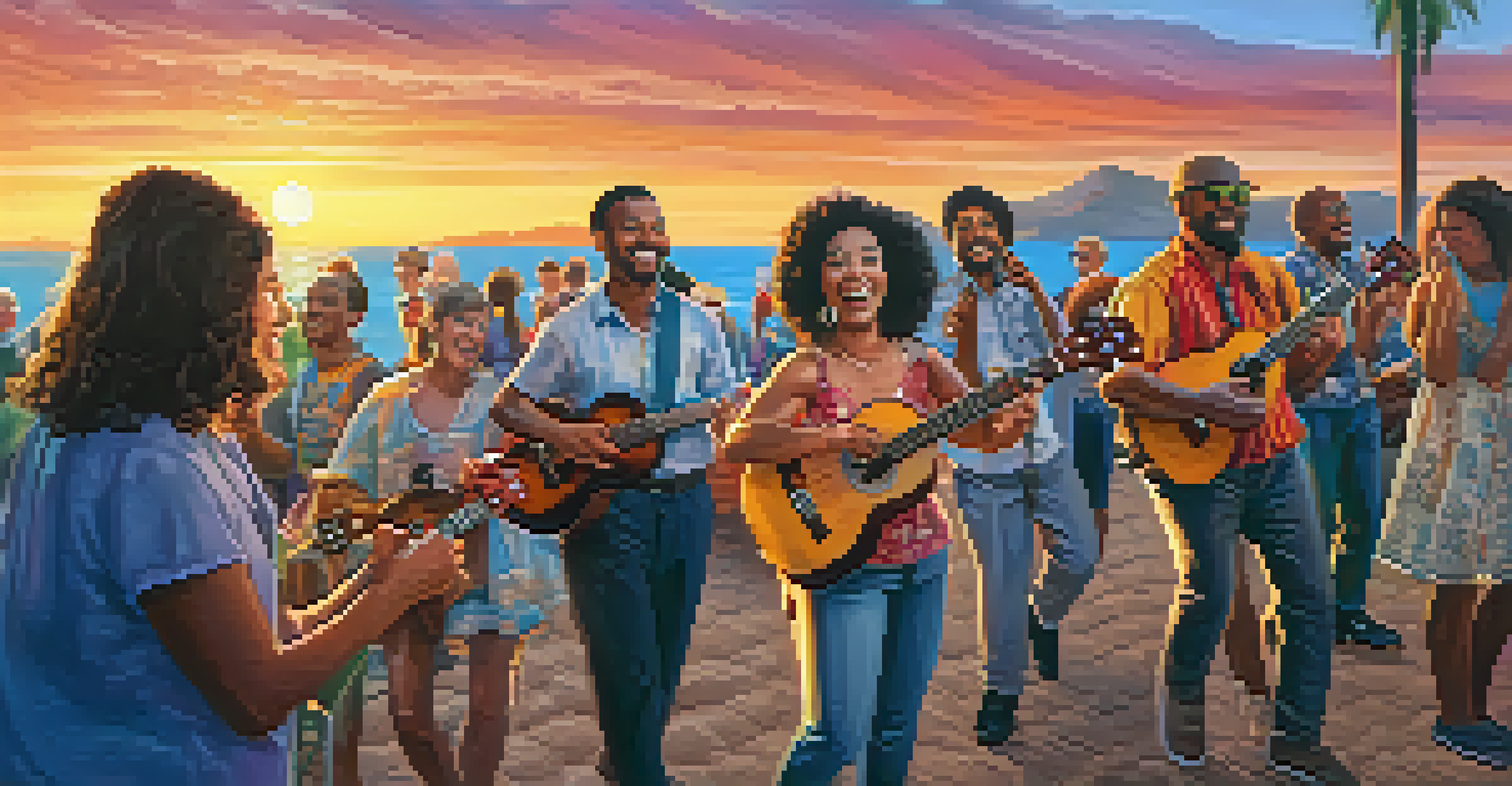 A concert scene with musicians playing ukuleles outdoors, surrounded by an engaged audience and a colorful sunset.