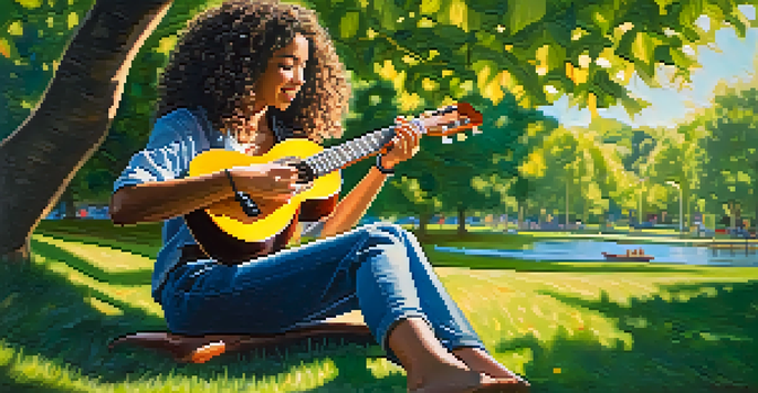 A young woman playing a ukulele and using a loop pedal in a sunny park, with colorful sound waves around her and trees in the background.