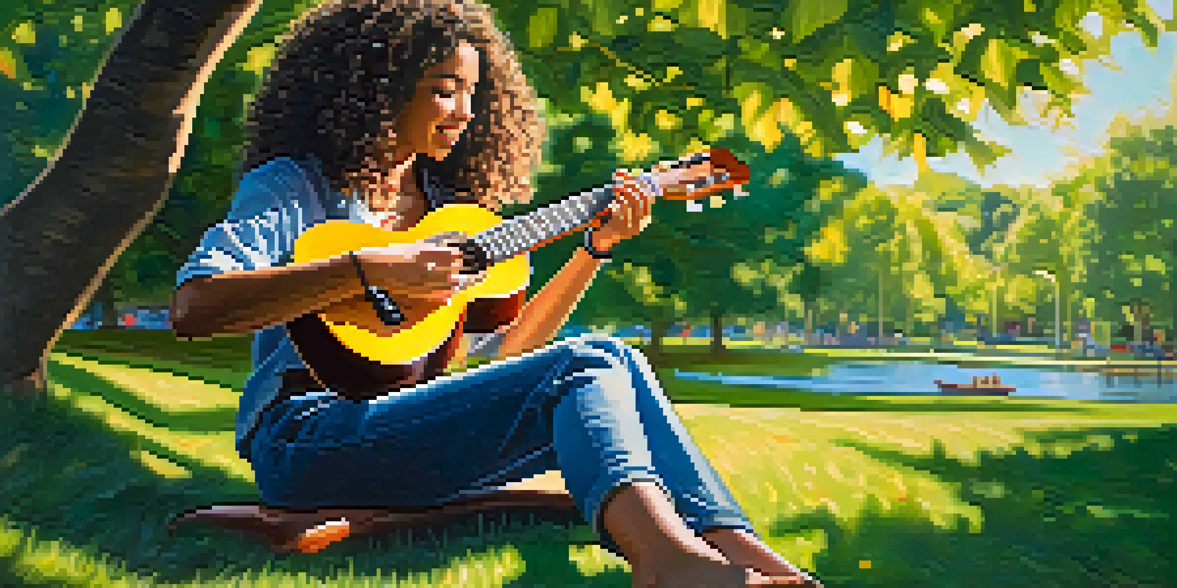 A young woman playing a ukulele and using a loop pedal in a sunny park, with colorful sound waves around her and trees in the background.