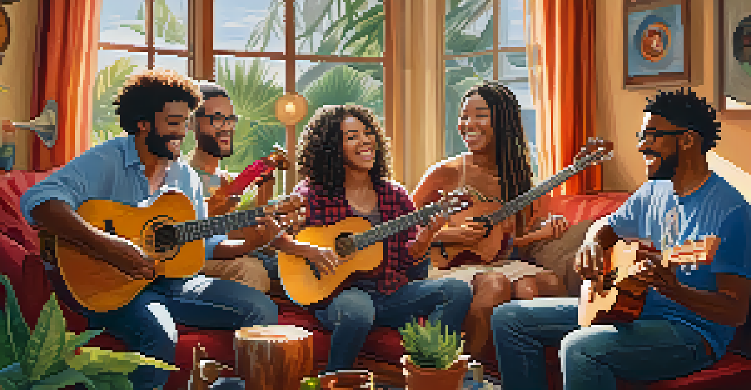A group of musicians playing various instruments in a cozy living room filled with plants and natural light.