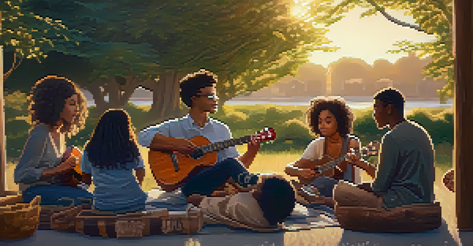 A warm sunset scene featuring a diverse group gathered in a circle playing ukuleles, with signs promoting social justice.