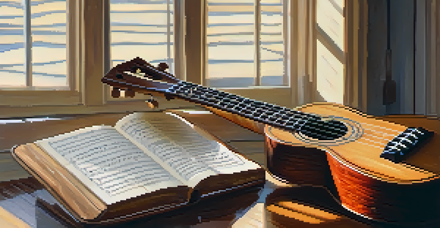A close-up of a ukulele on a wooden table with soft natural lighting, showcasing its strings and wood grain.