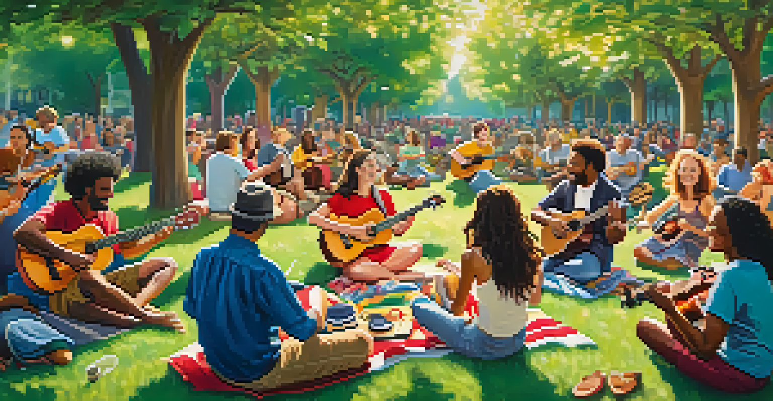 A lively outdoor jam session in a park with people playing ukuleles and colorful musical notes.