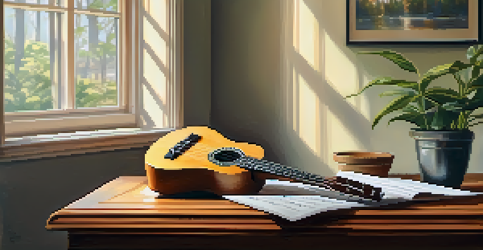 A ukulele on a wooden table with sheet music and a pencil, illuminated by soft natural light in a cozy room.