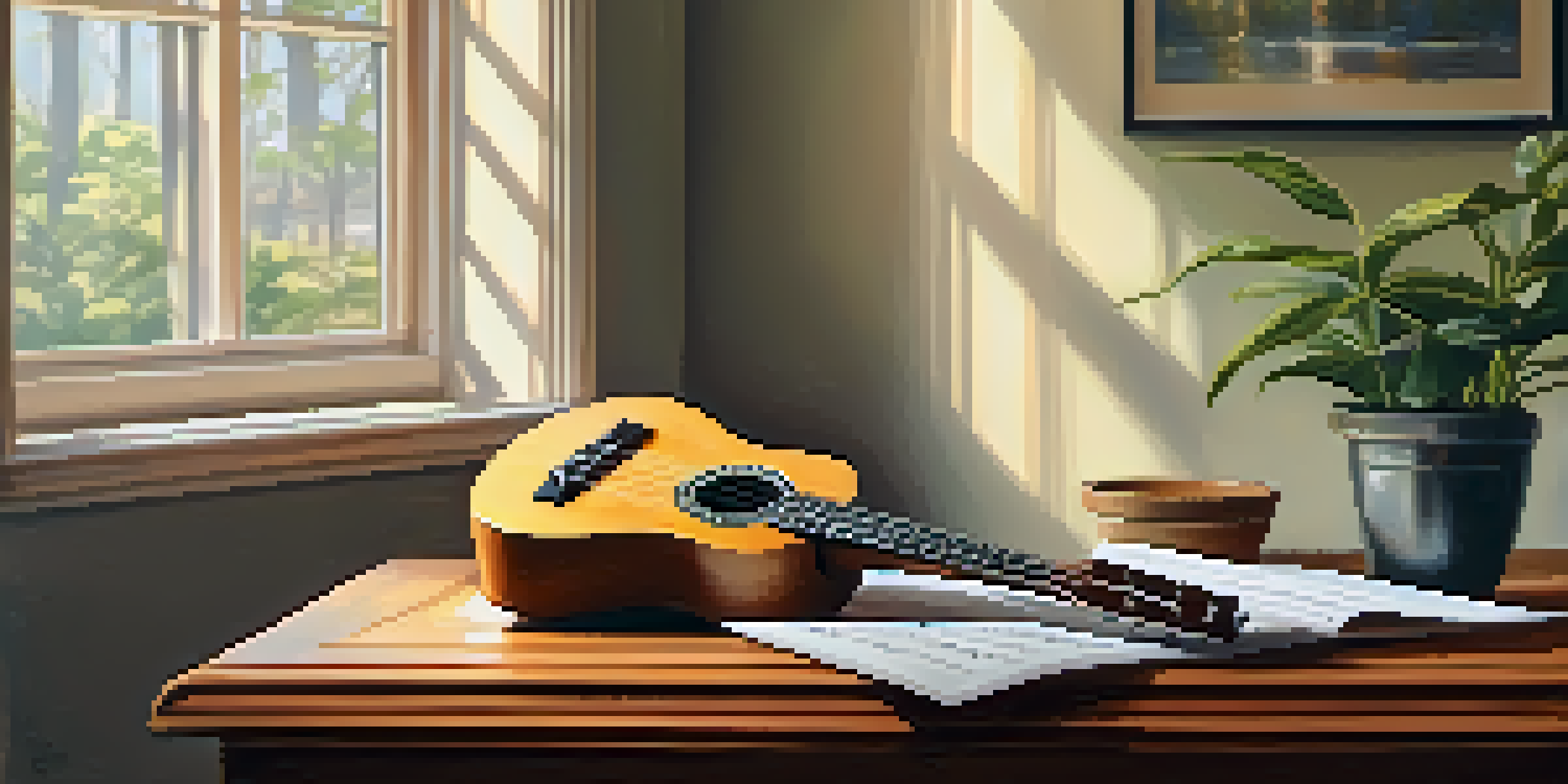A ukulele on a wooden table with sheet music and a pencil, illuminated by soft natural light in a cozy room.