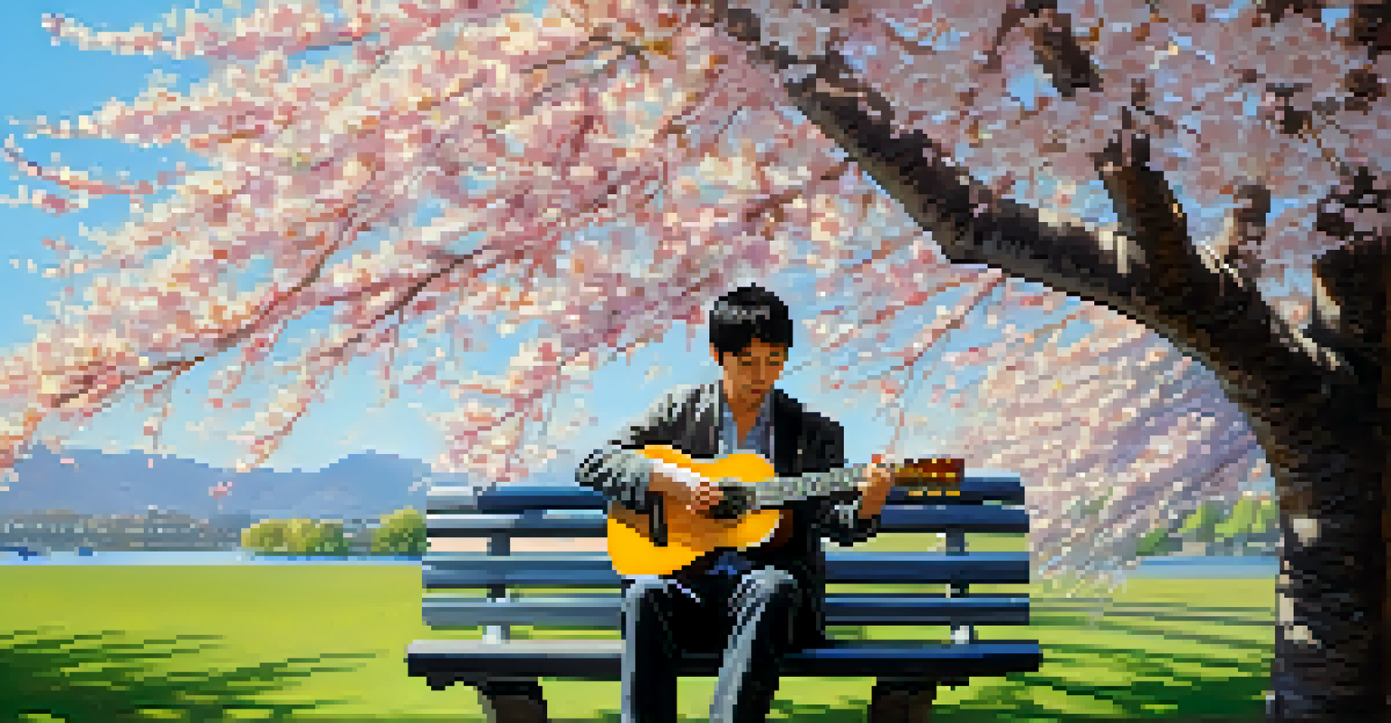 A musician playing a ukulele on a park bench, surrounded by cherry blossom trees and falling petals.